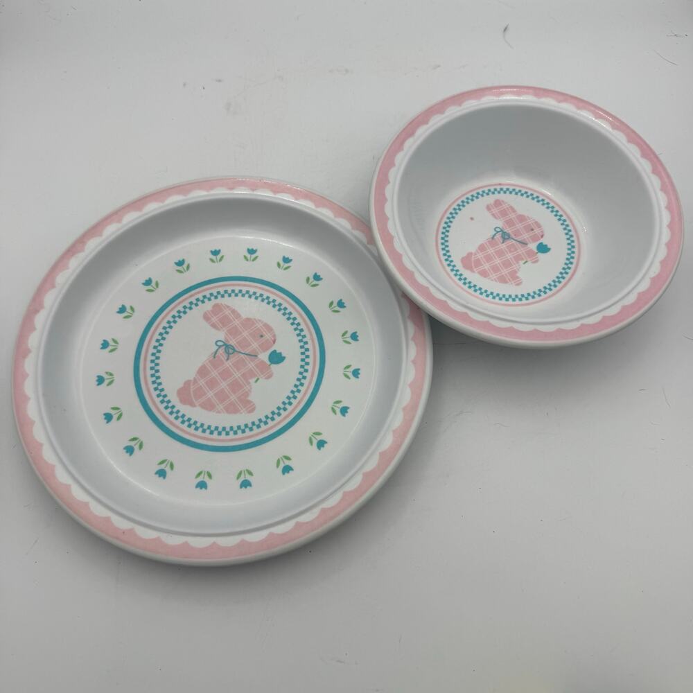 Hallmark Bunny Kids Plate Bowl Set Pink Blue Tulip Spring Easter 80s Vintage